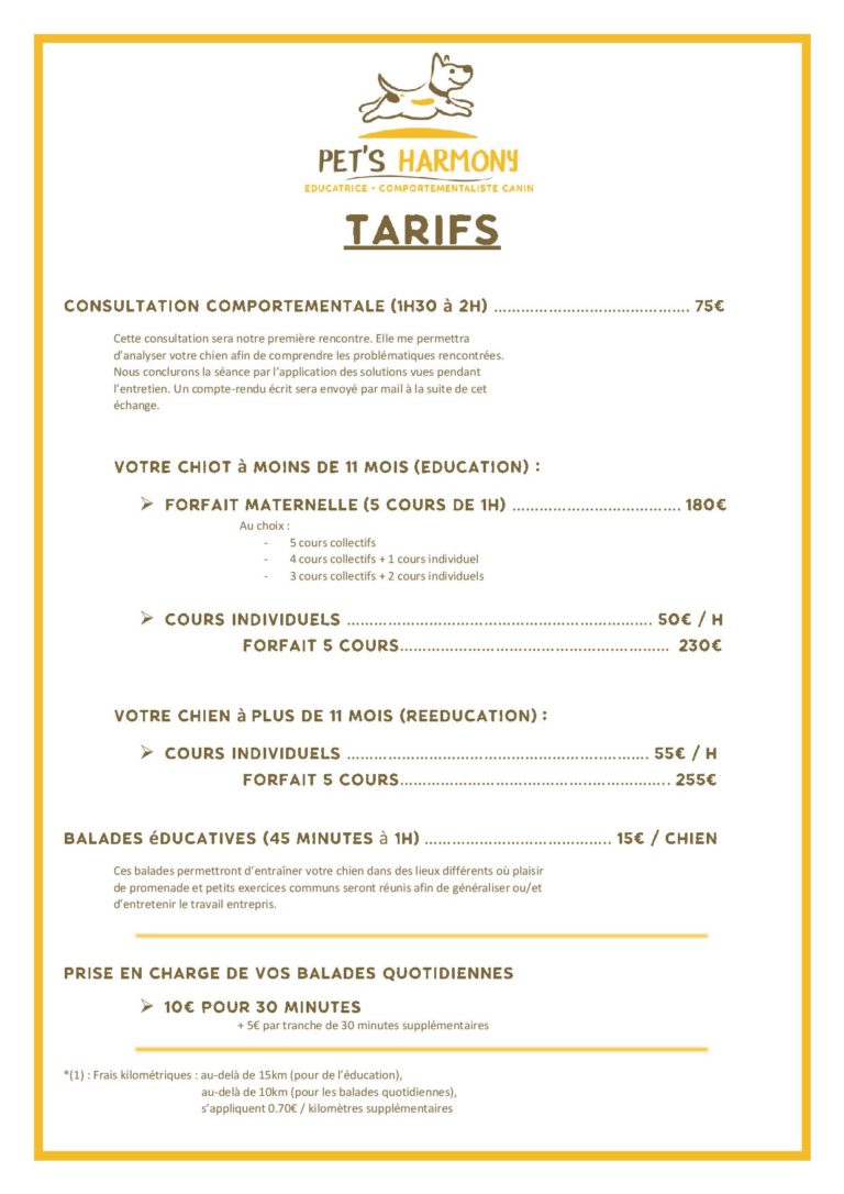Tarifs Pet's Harmony